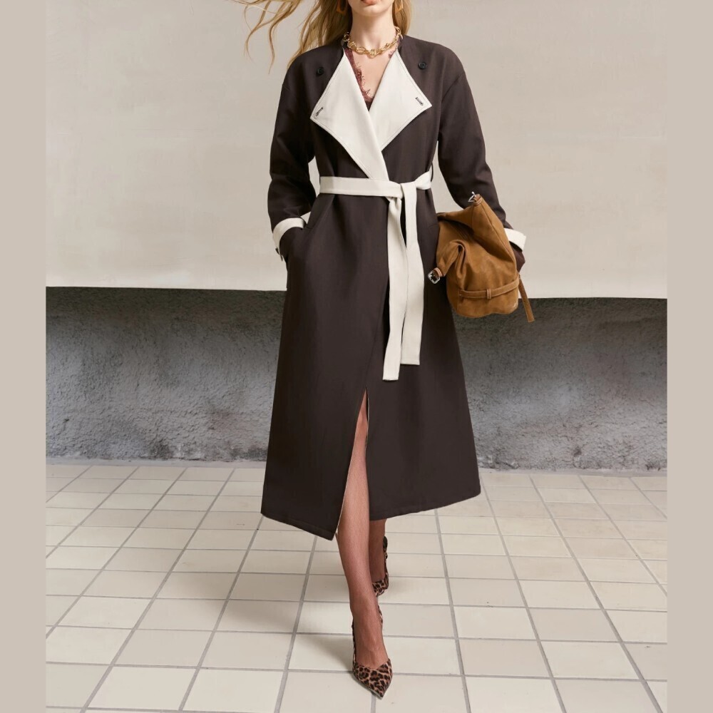 Dark Brown Ivory White Contrast Waterfall Collar Belted Midi Trench Coat